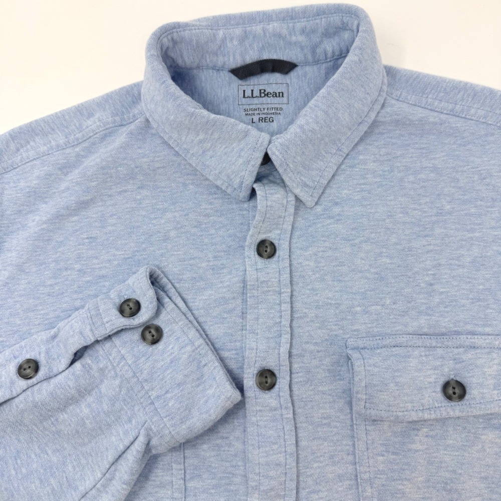 LL Bean Mens Large Blue Heather Cotton Knit Button Down Shirt 518209 Fitted